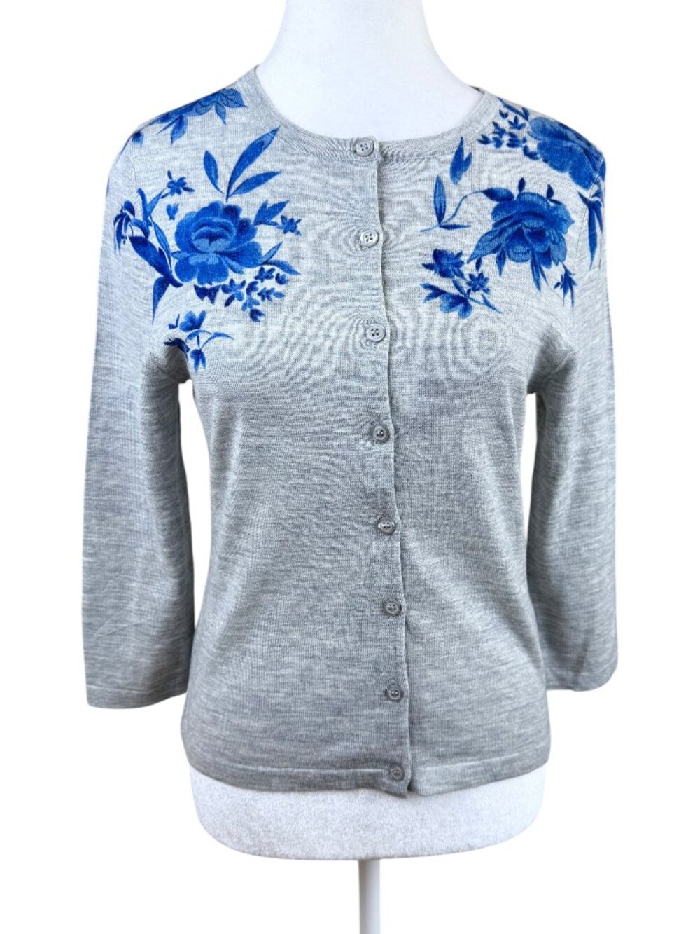 Garnet Hill Cardigan Sweater Merino Wool Gray Blue Floral (S)